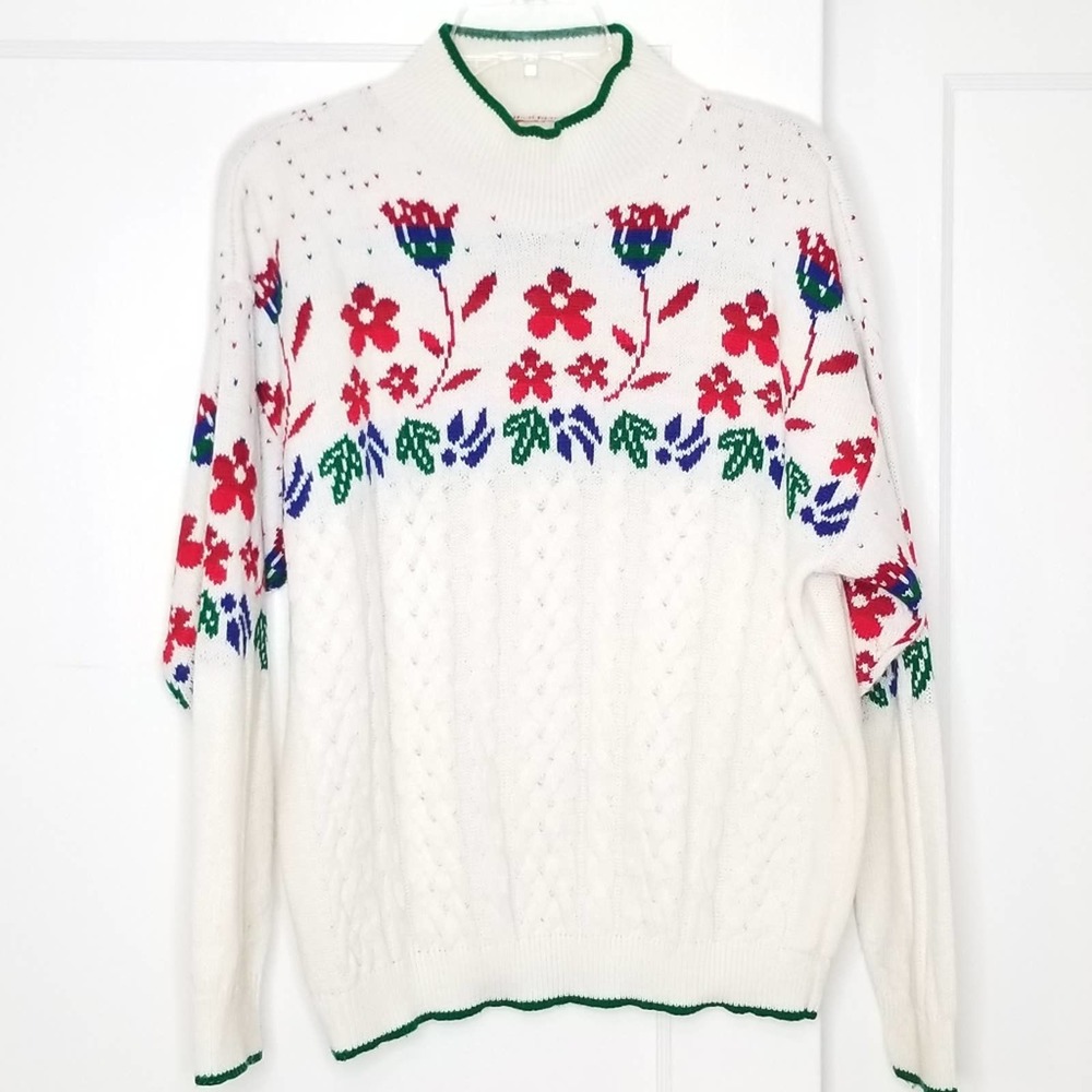 Vintage 80s Mock Neck Cable Knit Floral Sweater